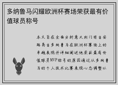 多纳鲁马闪耀欧洲杯赛场荣获最有价值球员称号