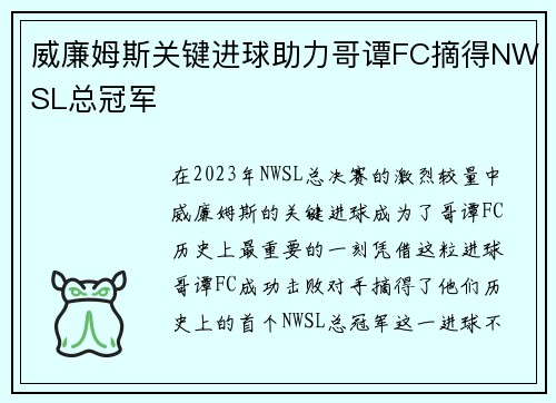 威廉姆斯关键进球助力哥谭FC摘得NWSL总冠军